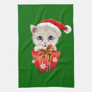 Kitten Christmas Santa with Gift Tea Towel