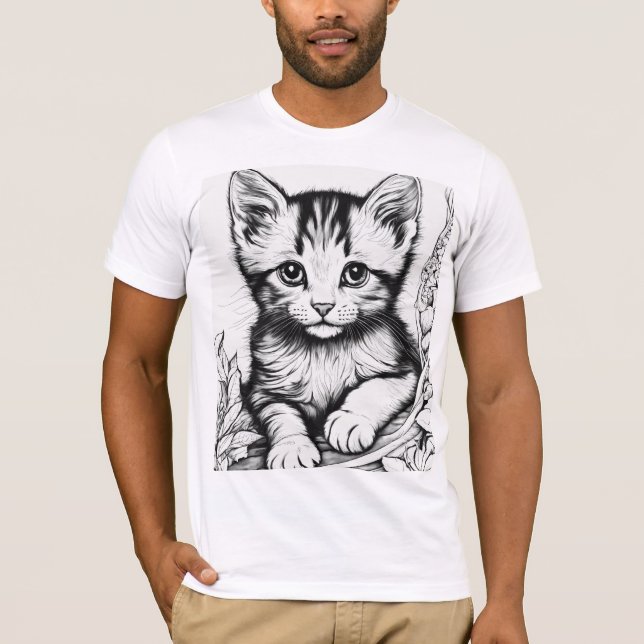 Kitten Colouring Page T-Shirt – Black & White Line (Front)