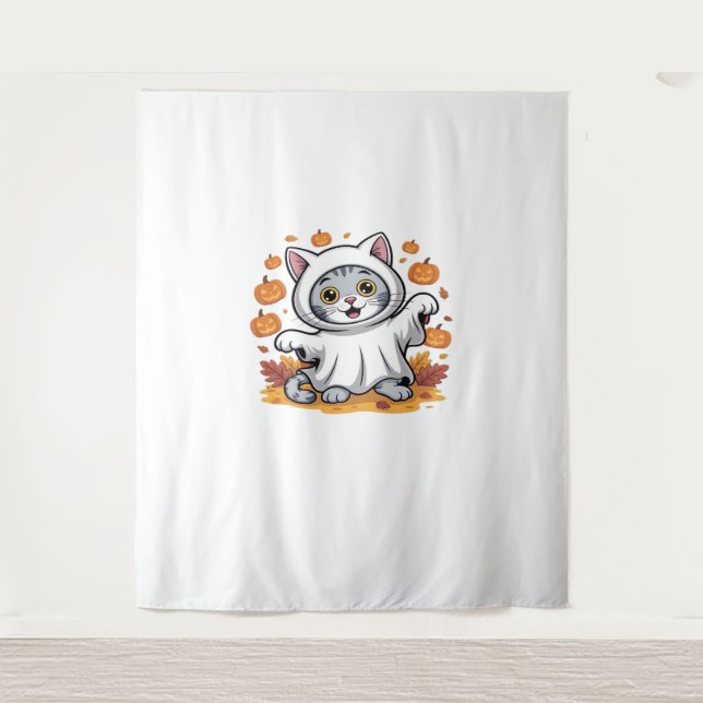 Kitten dressed as a ghost for Halloween Classic T- Tapestry (Front)
