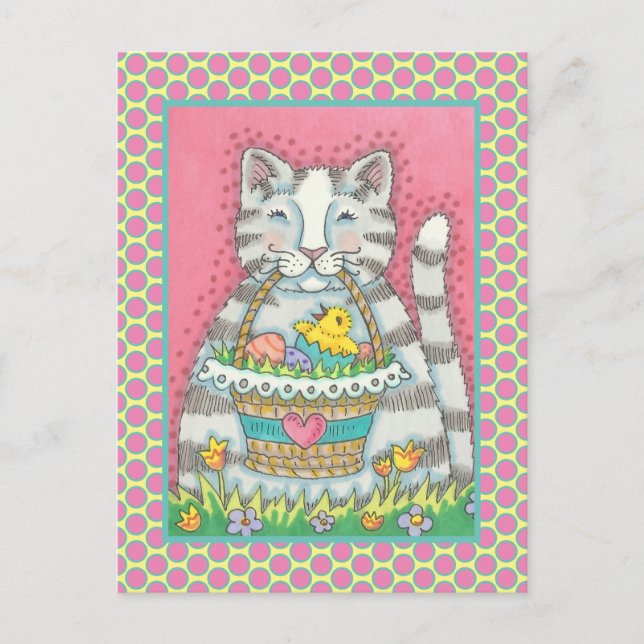 KITTEN & EASTER EGG BASKET, CUTE CAT HOLIDAY POSTCARD (Front)