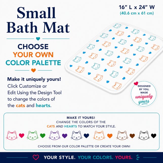 Kitten Faces and Hearts Pattern Blue Orange Small Bath Mat (Creator Uploaded)