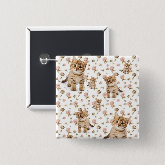Kitten Floral Square Button (Front & Back)