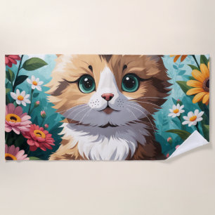 Kitten & Flowers Beach Towel