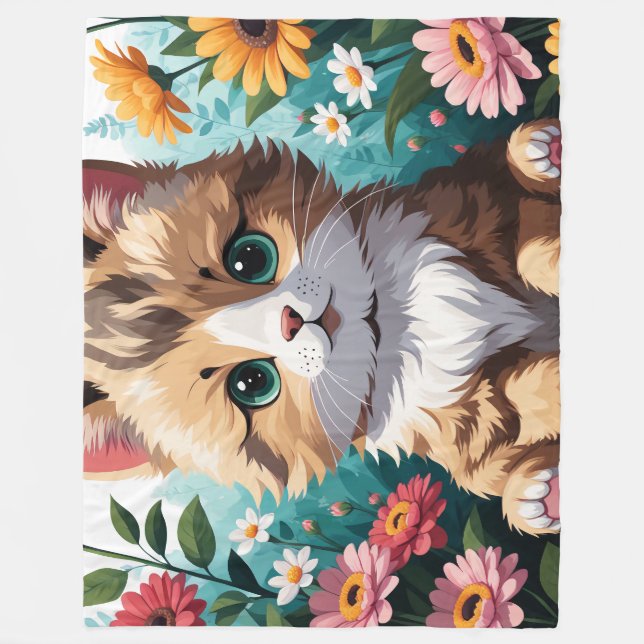 Kitten & Flowers Fleece Blanket (Front)