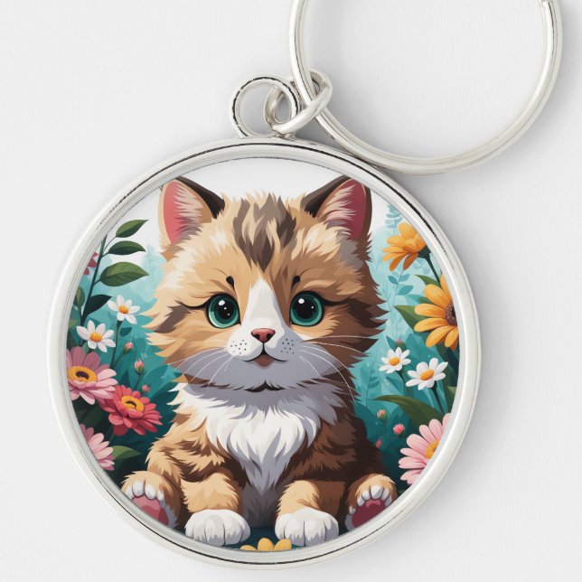 Kitten & Flowers Key Ring (Front)