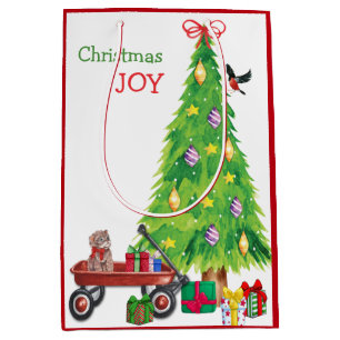 Kitten Gift in Wagon, Bird, and Christmas Tree Medium Gift Bag