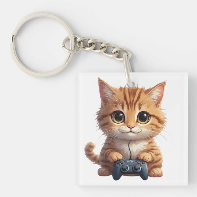 Kitten Holding Game Controller Gamer Cat Key Ring (Front)