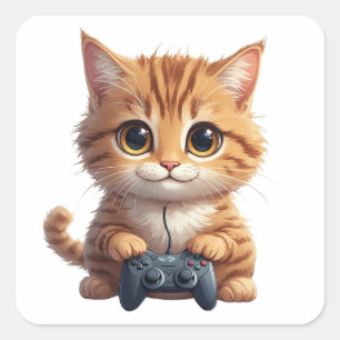 Kitten Holding Game Controller Gamer Cat Square Sticker