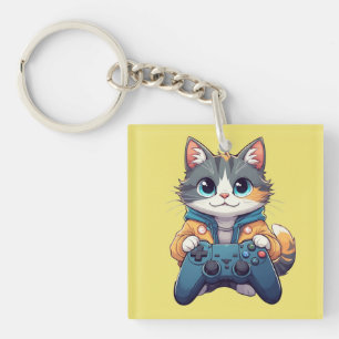 Kitten Holding Game Controller Smiling Gamer Cat Key Ring