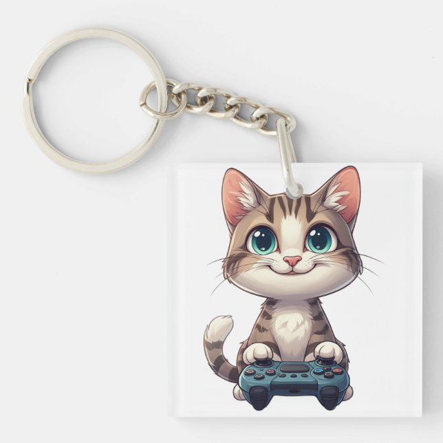Kitten Holding Game Controller Smiling Gamer Cat Key Ring (Front)