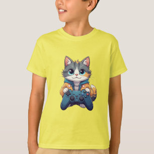 Kitten Holding Game Controller Smiling Gamer Cat T-Shirt