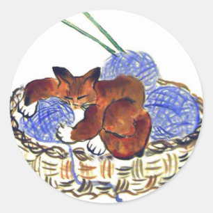 Kitten Hugs a Yarn Pillow Classic Round Sticker