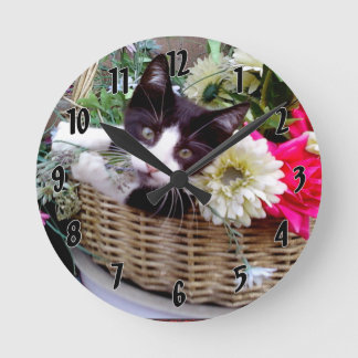 Kitten in a Basket Round Clock
