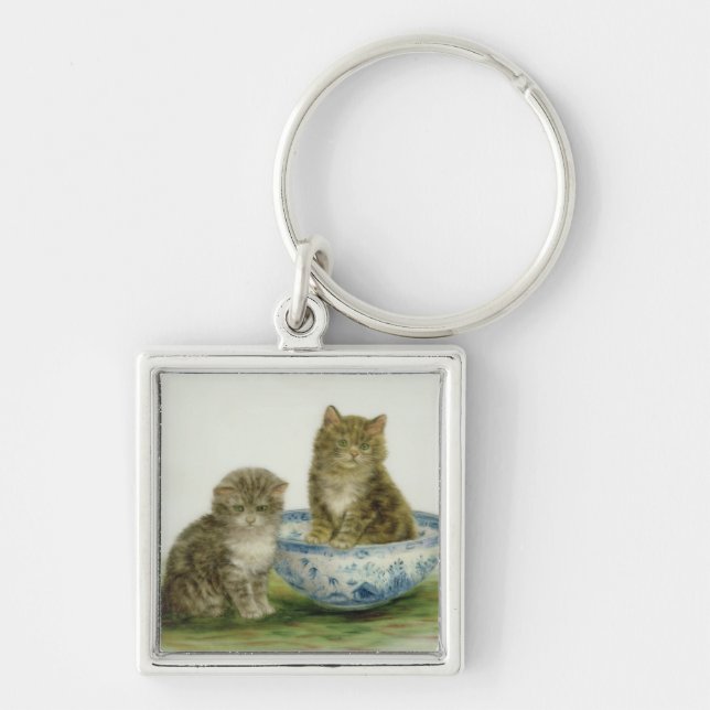 Kitten in a Blue China Bowl Key Ring (Front)