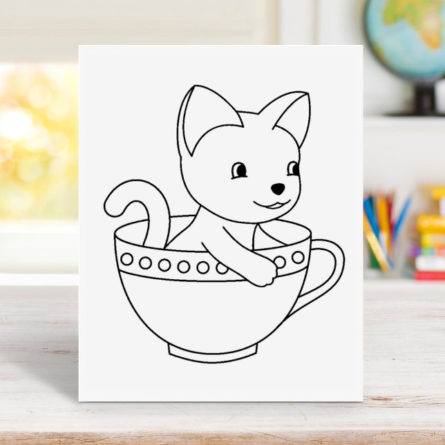 Kitten in a Cup - Cat in a Teacup Colouring Page Rubber Stamp (Creator Uploaded)