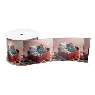 Kitten In a Red Heart Candy Box Satin Ribbon