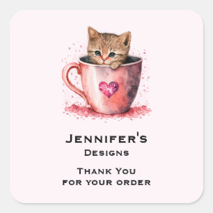 Kitten in a Teacup with Hearts Business Thank You Square Sticker