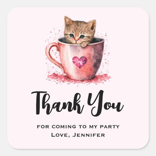 Kitten in a Teacup with Hearts Party Thank You Square Sticker (Front)