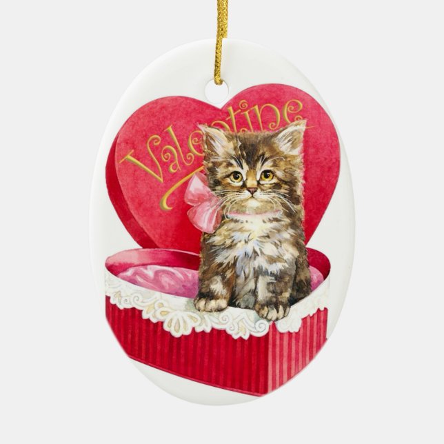 Kitten in Candy Box Ceramic Tree Decoration (Front)