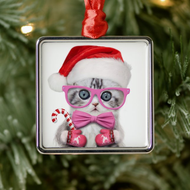 Kitten in Christmas hat Metal Tree Decoration (Tree)