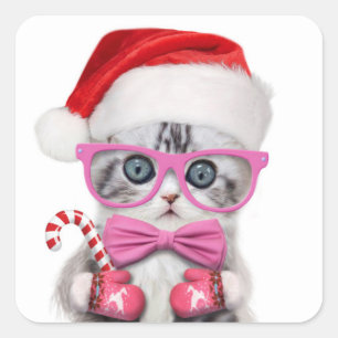 Kitten in Christmas hat Square Sticker