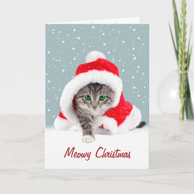 Kitten In Christmas Santa Hat and Snowflakes Card (Front)