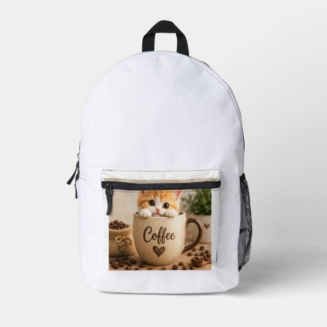 Kitten in Coffee Cup Charm Printed Backpack (Front)
