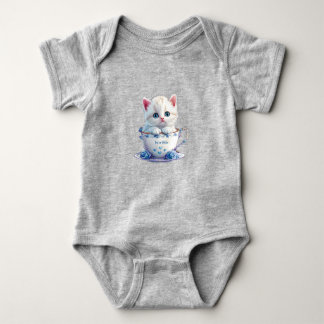 Kitten in Cup Blue Flowers Baby Bodysuit