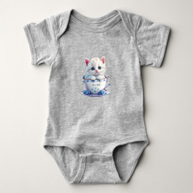 Kitten in Cup Blue Flowers Baby Bodysuit (Front)