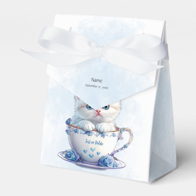 Kitten in Cup Blue Flowers Favour Box (Front Side)