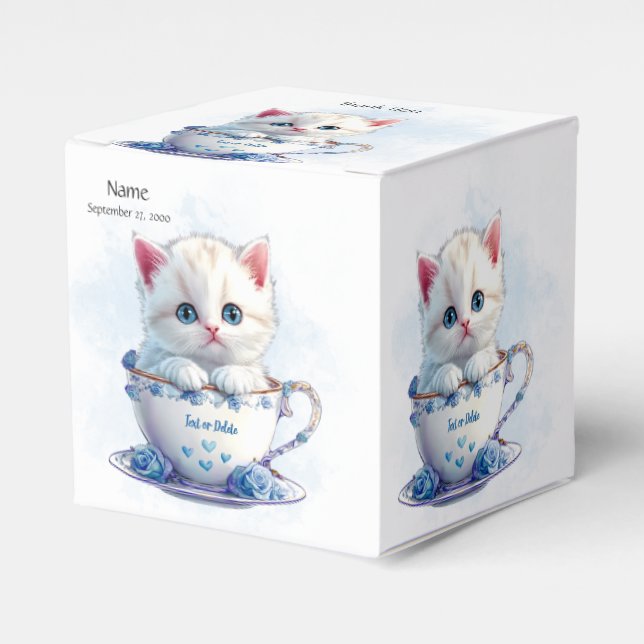 Kitten in Cup Blue Flowers Favour Box (Front Side)