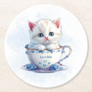 Kitten in Cup Blue Flowers Paper Coaster