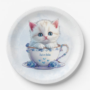 Kitten in Cup Blue Flowers Paper Plate
