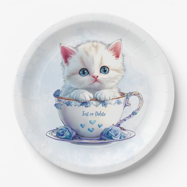 Kitten in Cup Blue Flowers Paper Plate (Front)