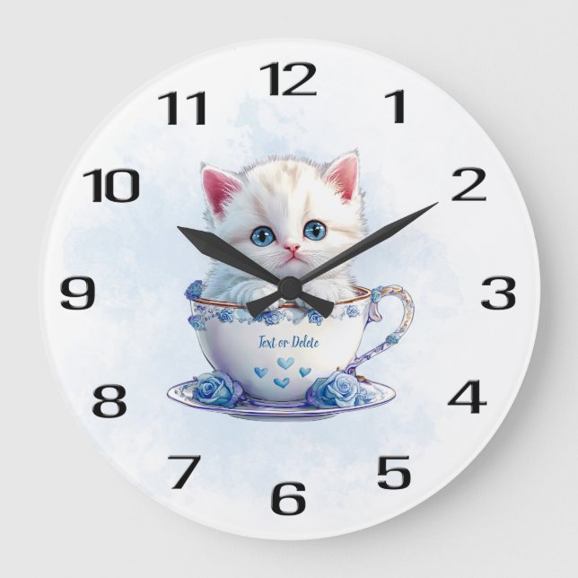 Kitten in Cup Blue Flowers Wall Clock (Front)