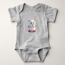 Kitten in Cup Pink Flowers Baby Bodysuit