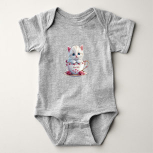 Kitten in Cup Pink Flowers Baby Bodysuit