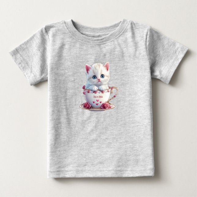Kitten in Cup Pink Flowers Baby T-Shirt (Front)