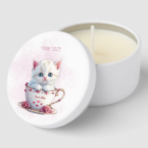 Kitten in Cup Pink Flowers Mini Candle Favours