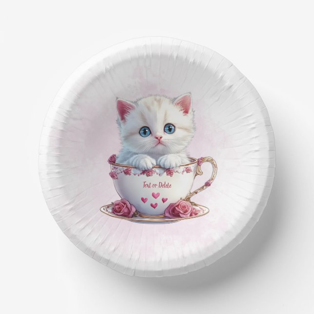 Kitten in Cup Pink Flowers Paper Bowl Paper Plate (Front)