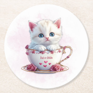 Kitten in Cup Pink Flowers Paper Coaster