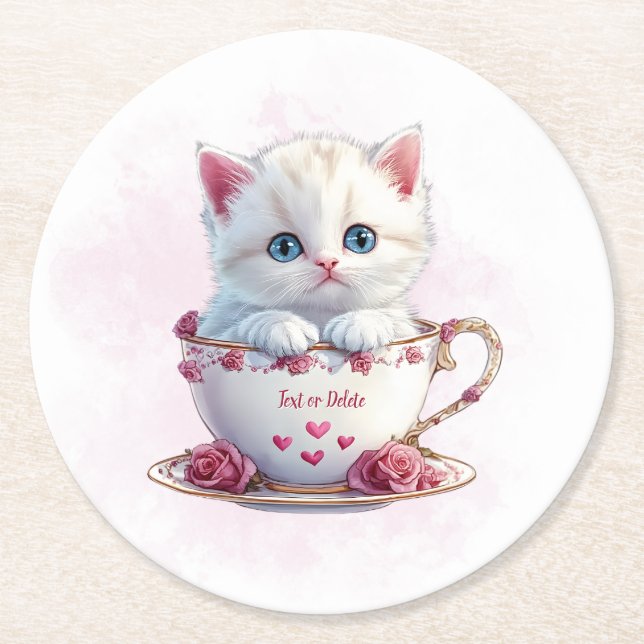 Kitten in Cup Pink Flowers Paper Coaster (Front)
