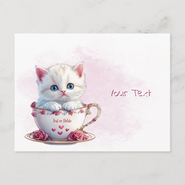 Kitten in Cup Pink Flowers Postcard (Front)