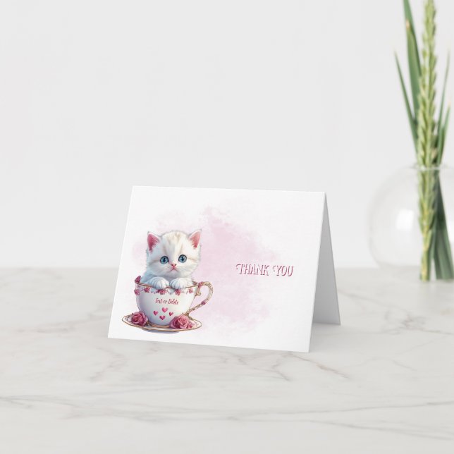 Kitten in Cup Pink Flowers Thank You Card (Front)