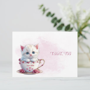 Kitten in Cup Pink Flowers Thank You Card