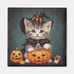Kitten in Halloween Costume and Jack-O'-Lantern Magnet