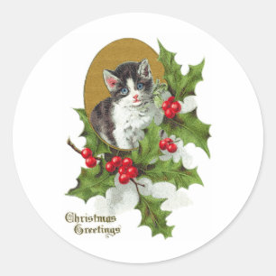 Kitten in Holly Vintage Christmas (H.SandyRelief) Classic Round Sticker