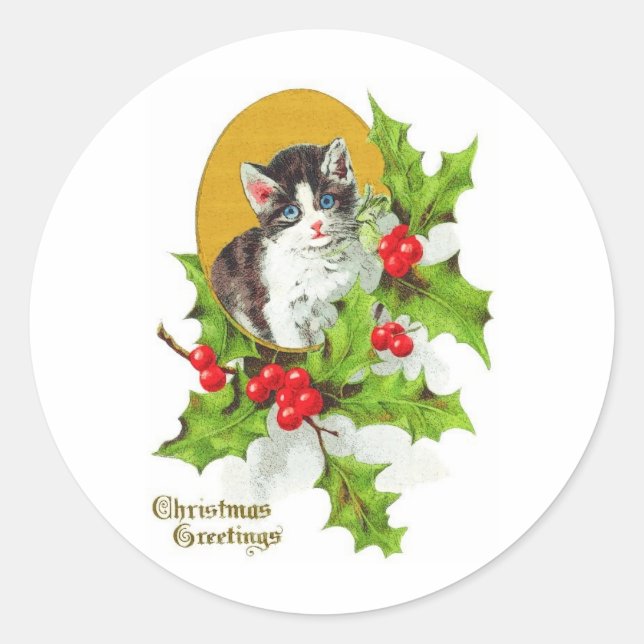 Kitten in Holly Vintage Christmas Stickers (Front)