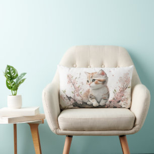 Kitten in Pink Flowers Lumbar Cushion