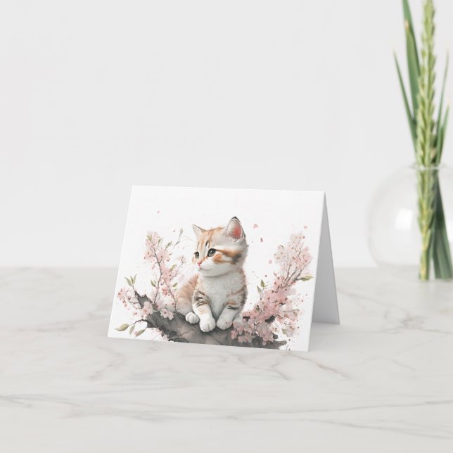 Kitten In Pink Flowers Watercolor Note Card (Front)